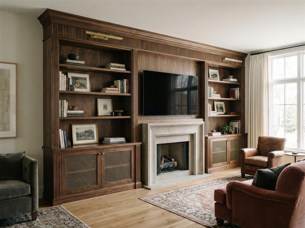 Living room storage wall and media cabinet