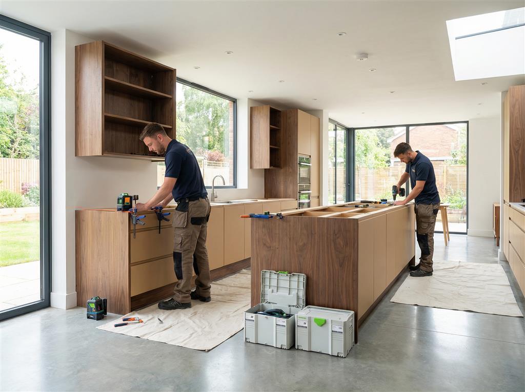 Craftspeople fitting bespoke cabinetry